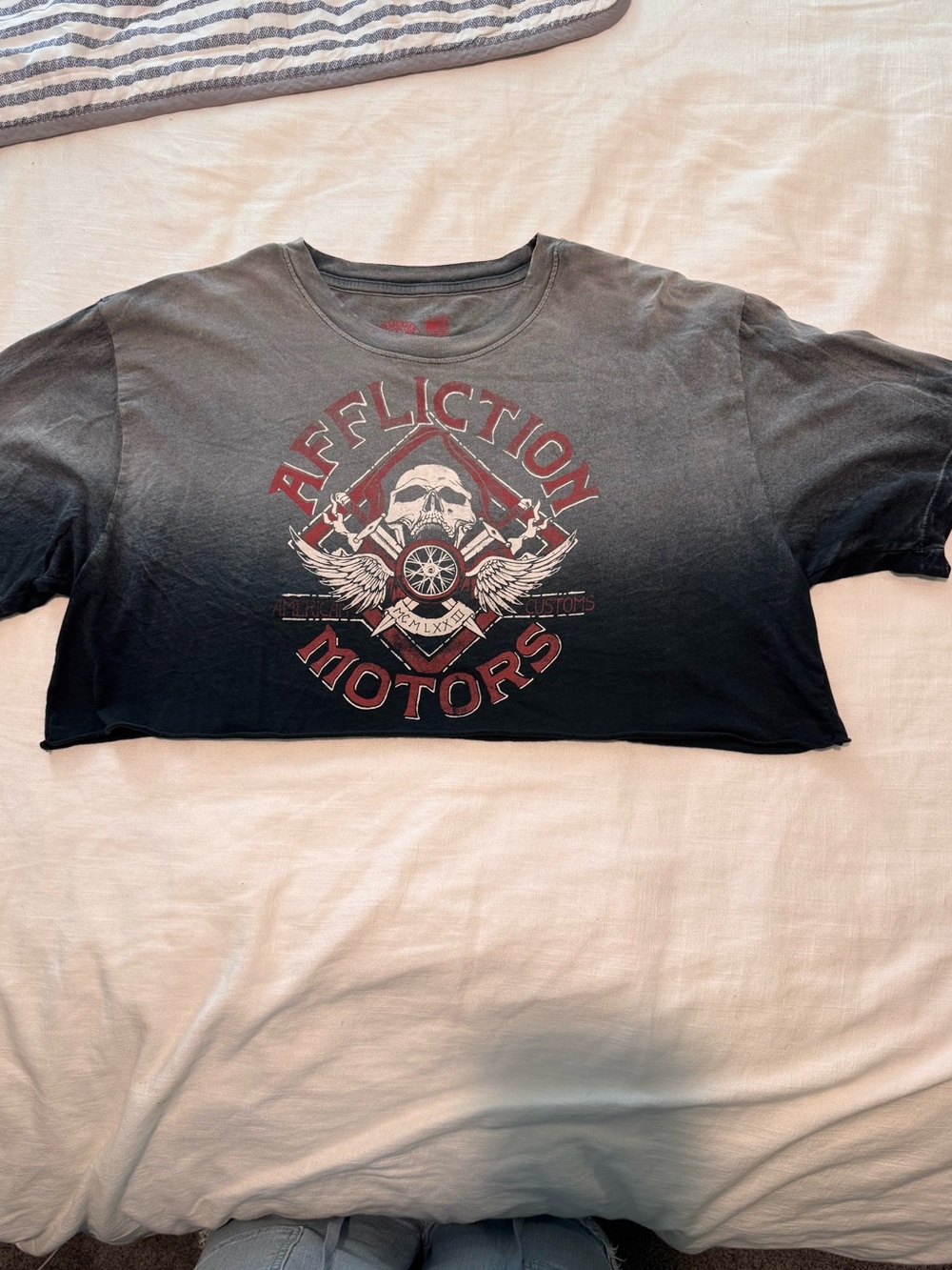 Affliction Black-to-Gray Ombre Cropped Tee with Red Graphic